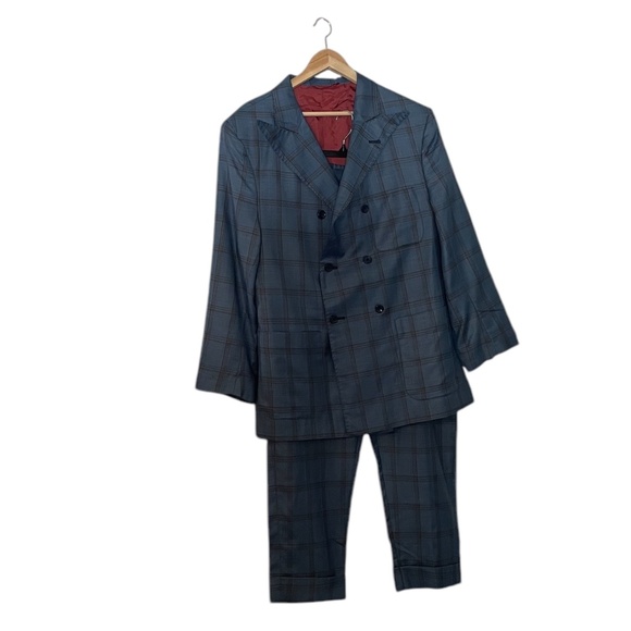Adam Fashion Men's Windowpane Plaid Double Breasted 6Button Blue Suit 44L/38 NEW - Picture 2 of 11